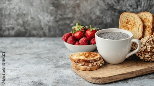 A cup of coffee, toasted bread, and a bowl of fresh berries arranged on a wooden board for a delicious breakfast.
