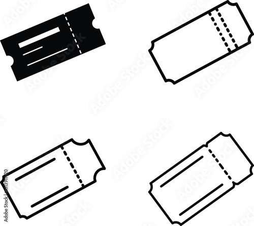 Ticket icon set, solid & outline styles. Admission pass for event, cinema, concert, travel, raffle, entry stub. AI Generative
