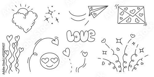 Hand-drawn black doodle love elements on white background
