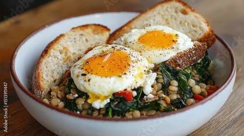 A bowl with sunny-side-up eggs, lentils, sauteed greens, red peppers, and rustic bread slices on a wooden table.