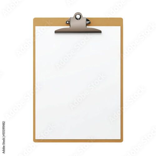 A blank clipboard with a metallic clip. The clipboard has a wooden frame with a pristine white sheet of paper