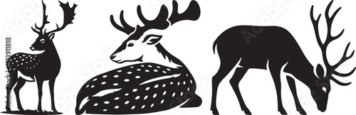 Various deer silhouettes animal group, Forest wildlife species black design