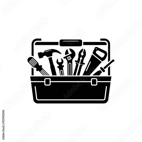 Toolbox Essentials: A meticulously crafted black and white image presents a toolbox overflowing with essential handyman tools, reflecting the core of repair and construction.