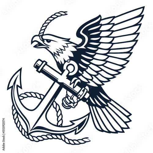 Eagle holding anchor with rope nautical navy symbol emblem illustration