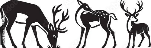 Deer grazing silhouettes peaceful scene, Forest animal trio in calm setting