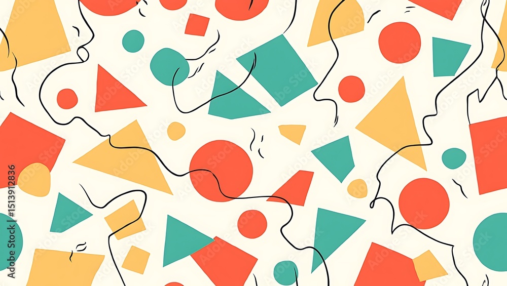 Colorful geometric shapes and abstract line art creating a seamless background pattern Colorful geometric shapes and abstract line art creating a seamless background pattern