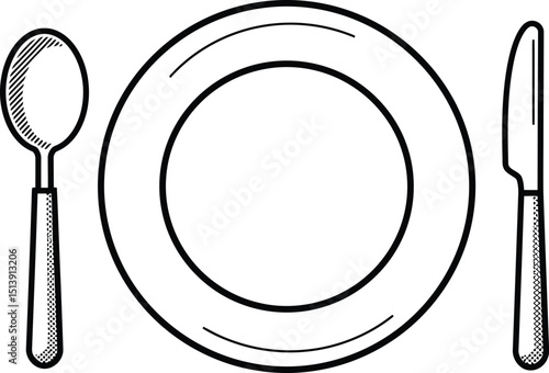 Sketch style cutlery setting. Plate, spoon, knife outline with hatching for dining, food illustration, rustic menu. AI Generative
