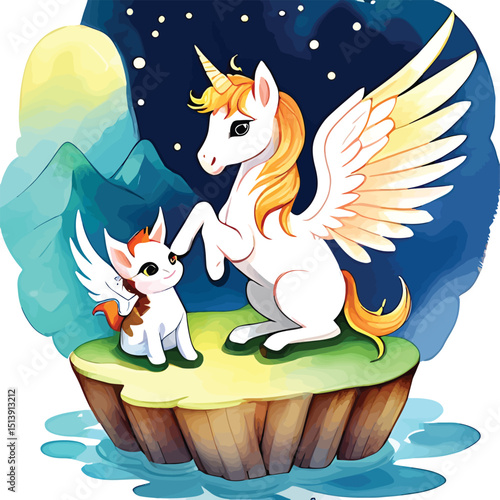 Charming Cartoon Unicorn And Winged Kitten On Floating Island Fantasy Vector Illustration For Childrens Books And Creative Projects