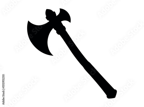 Silhouette of a medieval double-headed axe, clean, bold silhouette of a medieval axe against a pure white background, axe, double-headed axe, medieval axe, historical, fantasy, weapon, silhouette, bla