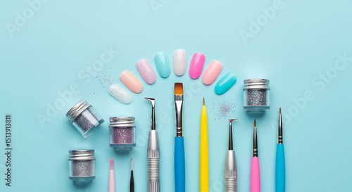 Colorful nail tools and pastel designs highlight creativity on blue