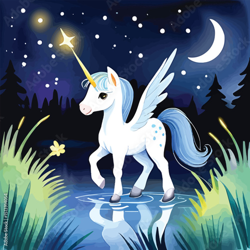 Watercolor Pegasus Unicorn Illustration Whimsical Fantasy Creature For Childrens Art And Storybooks Depicted In A Magical Night Scene With Glowing Star And Reflective Water
