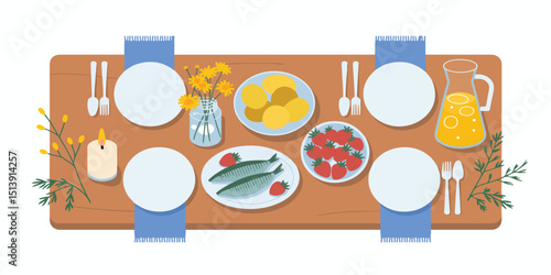 Outdoor Midsummer Feast Table with Traditional Nordic Food, Candles, and Wildflower Arrangements – Garden Celebration Scene vector illustration