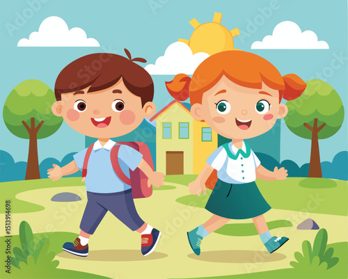 Happy School Children Walking Together to School