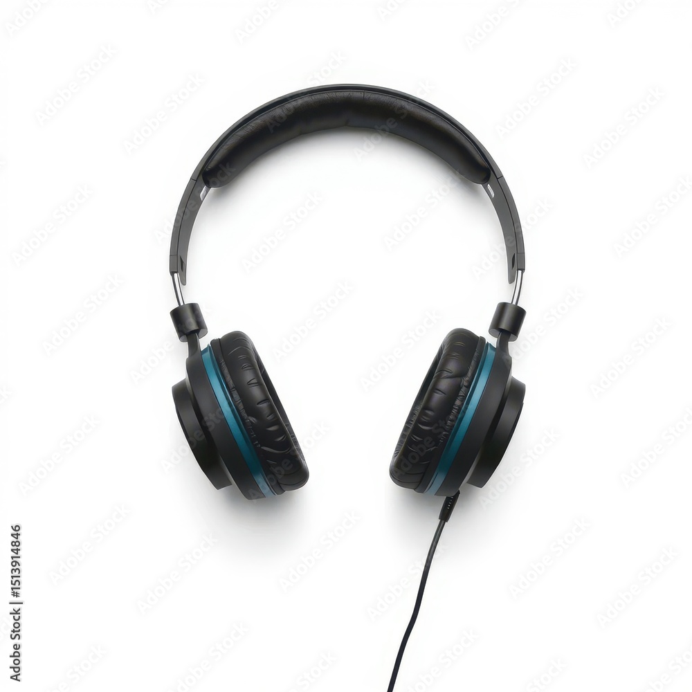 Black and teal wired headphones on a white background with padded ear cups and adjustable headband Black and teal wired headphones on a white background with padded ear cups and adjustable headband