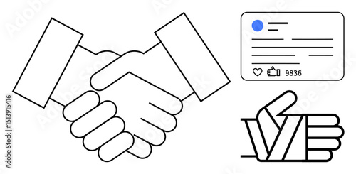 Handshake, thumbs up, and social media post with thumbs ups and comments. Ideal for business partnership, collaboration, communication, agreements, social engagement, feedback simple landing page