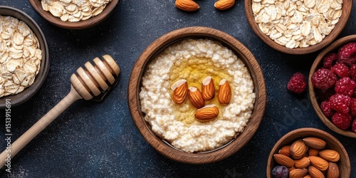 Creamy oatmeal topped with almonds and honey, surrounded by oats, raspberries, and more almonds in rustic bowls.