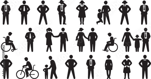 A collection of simple black and white human silhouette icons depicting various activities