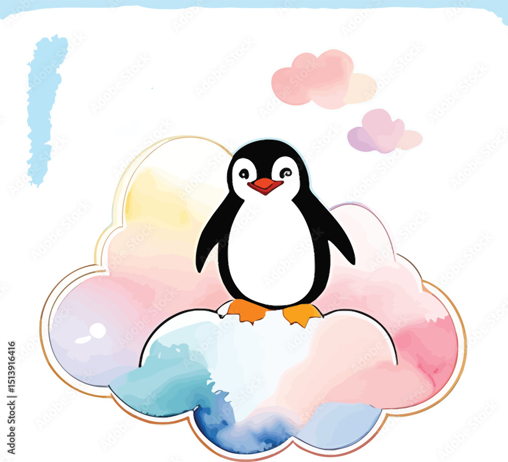 Fototapeta premium Adorable Cartoon Penguin Perched Atop A Watercolor Cloud With Dreamy Pink And Blue Hues Set Against A Soft Sky Backdrop Perfect For Childrens Illustrations And Whimsical Designs With A Gentle