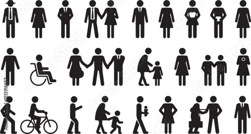 A collection of vector icon illustrations depicting different people and social interactions