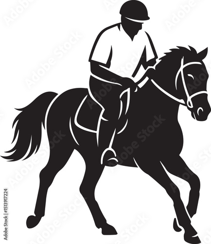 Horse and rider in silhouette action pose, Galloping jockey simple outline