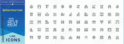 Set of Infrastructure line icon. Pictograms of building, architecture, city, road and more. Line icons with editable stroke. Construction icon set. Vector artwork and illustration.