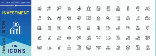 Investment icon set. Contain linear symbols invest, capital, profit, stock, income, financial and more. Invest icon set. Minimalist editable vector stroke. Editable vector. Pixel perfect.