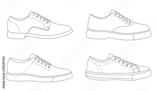 set of outline Cool Sneakers. Shoes sneaker outline drawing vector, Sneakers drawn in a sketch style, sneaker trainers template outline, Set Collection. vector Illustration.