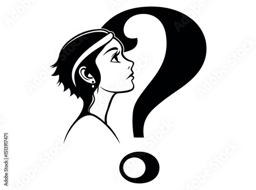 Silhouette of a woman and man with question mark, perfect for a logo or graphic design,  elegant silhouette of a people in profile view, paired with the words "Question Mark," and a question mark symb