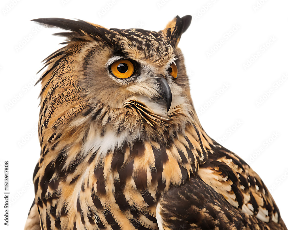 Fototapeta premium A close up shot of an owl with brown and black feathers looking to the side on a black background