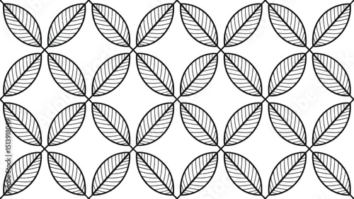 Black and white geometric floral pattern with hexagonal motifs and intricate minimalist lattice design.