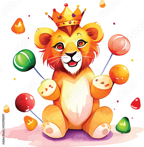 Watercolor Illustration Of A Lion Cub King With Candy Lollipops For Childrens Decor And Fantasy Themed Designs Sweet And Playful Vector Illustration For Kids Products Invitations And Storybooks