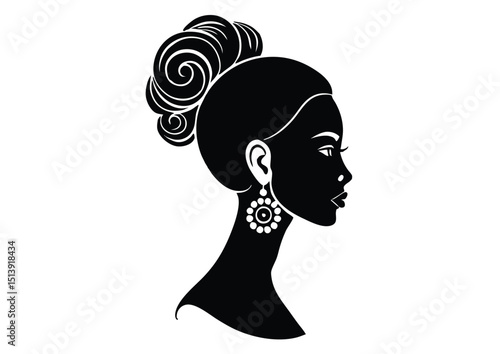 a woman with stylish hair bun and ornate earring silhouette Vector Illustration.