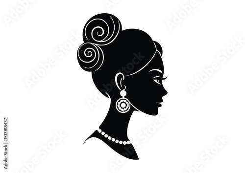 a woman with stylish hair bun and ornate earring silhouette Vector Illustration.