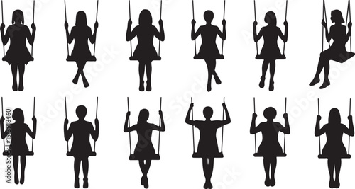 Black silhouette illustrations of women sitting and swinging on swings against a white background