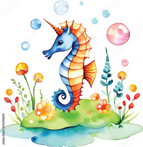 Whimsical Seahorse Unicorn Watercolor Illustration Playful Sea Creature With Bubbles And Flowers For Childrens Art Nursery Decor And Fantasy Themed Designs