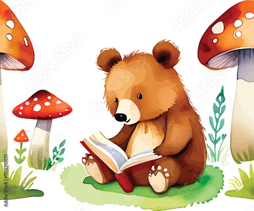 Watercolor Illustration Of A Bear Reading A Book In The Forest Ideal For Childrens Books And Educational Resources With Whimsical Charm And Invites To Literacy