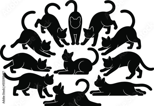 Abstract group of panthers in dynamic black silhouettes with dramatic poses and intense digital energy.





