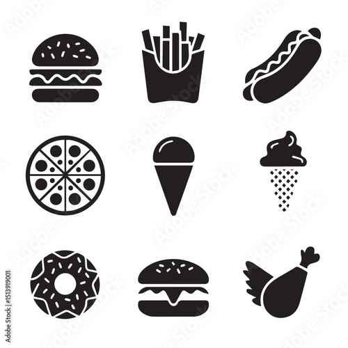 This vector food icons set showcases fast food icons, including a burger, sandwich, and other restaurant favorites like cake, cupcake, coffee, and other sweet desserts in a cartoon design