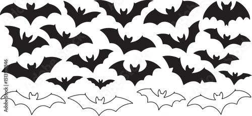 Collection of black and white bats silhouettes flying on a pure white background