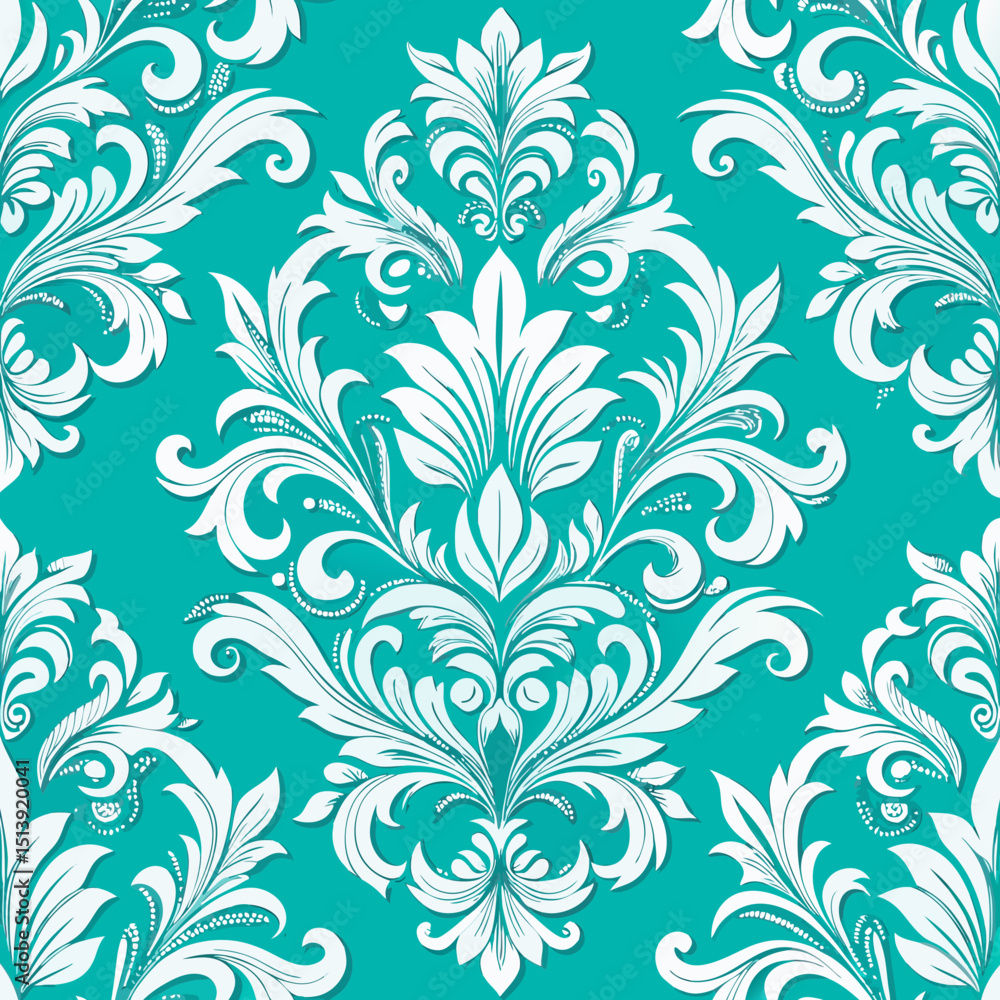 Elegant White Damask Pattern on Teal Background Seamless Repeat Elegant White Damask Pattern on Teal Background Seamless Repeat