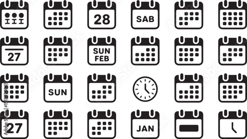 Collection of black and white calendar icons illustrating dates months and time elements