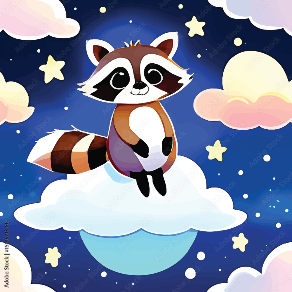 Naklejka premium Cute Raccoon On A Cloud Illustration Whimsical Vector Art For Childrens Books And Educational Materials Dreamy Night Sky Background