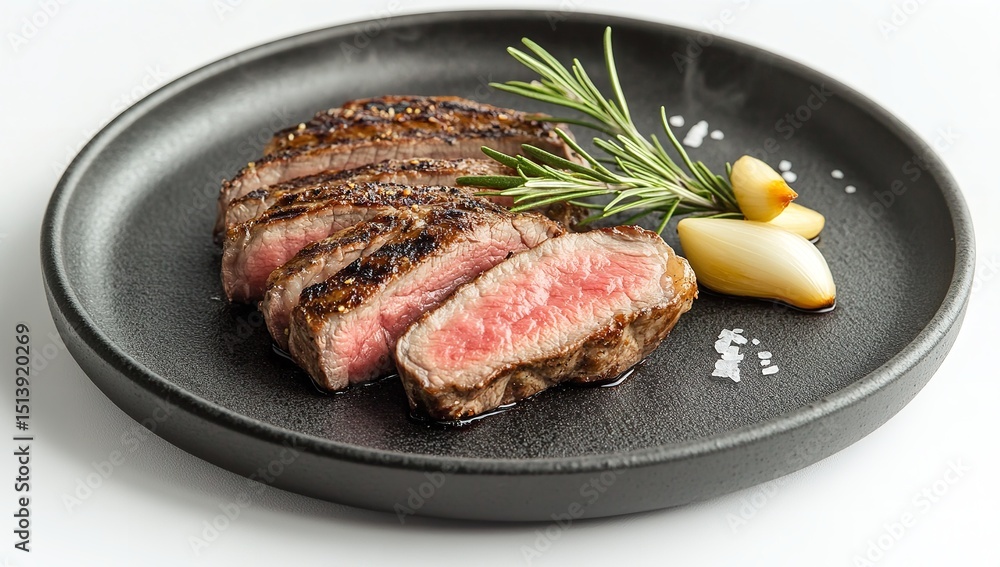 Grilled Steak with Garlic and Rosemary on Black Plate – Sliced Beef Served Elegantly Against White Background for Gourmet Presentation Grilled Steak with Garlic and Rosemary on Black Plate – Sliced Beef Served Elegantly Against White Background for Gourmet Presentation