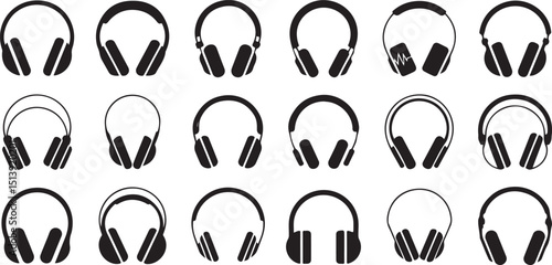 Collection of black and white headphones icons representing audio music technology devices