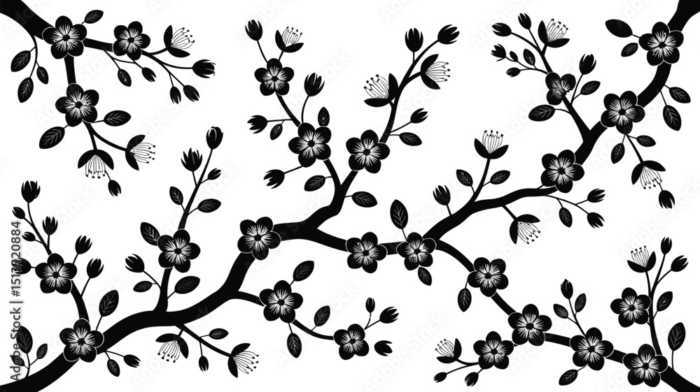Fototapeta premium Black and white floral pattern with detailed botanical illustration and stylized leaves in minimalist design.