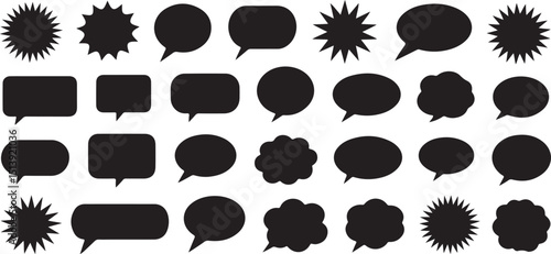 Collection of black speech bubbles and burst shapes isolated on a white background