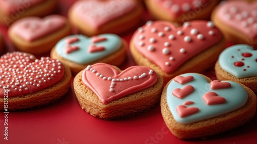 Table with a bunch of cookies with hearts on them valentine’s day  food background