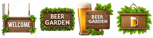Beer garden welcome signs outdoor venue clipart lush environment visitor engagement isolate beer and alcohol theme