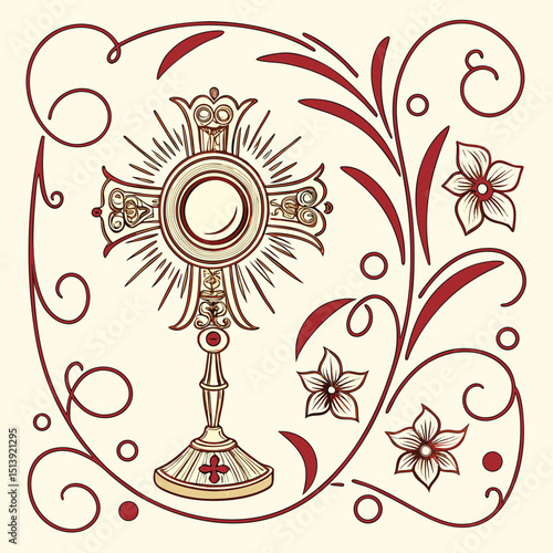 Intricate vector illustration of a golden monstrance detailed ornate religious Catholic Eucharist sacred symbol

