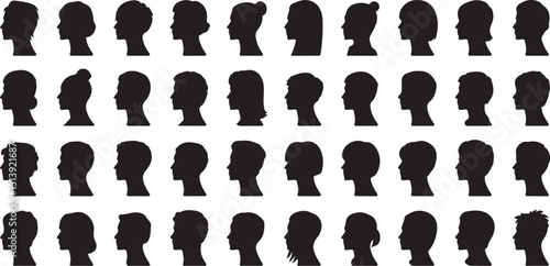 Collection of diverse silhouette profiles depicting various hairstyles and head shapes in black and white